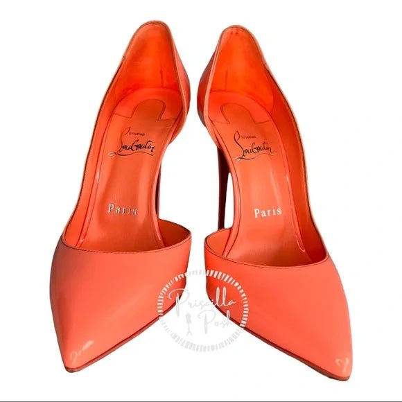 Christian Louboutin Neon Coral orange Iriza Patent Half-d'Orsay Red Sole Pumps