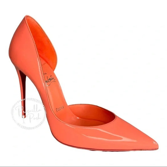 Christian Louboutin Neon Coral orange Iriza Patent Half-d'Orsay Red Sole Pumps