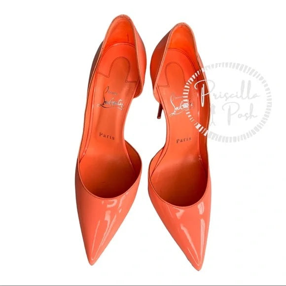 Christian Louboutin Neon Coral orange Iriza Patent Half-d'Orsay Red Sole Pumps
