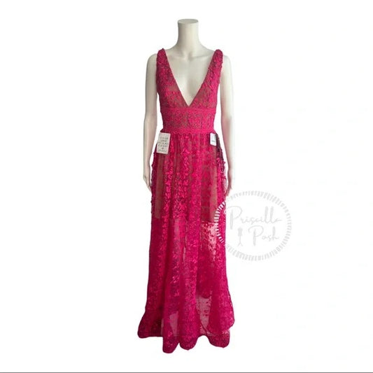 Bronx & Banco Megan Fuchsia Maxi Dress Gown Floral V Neck Flower Appliqué