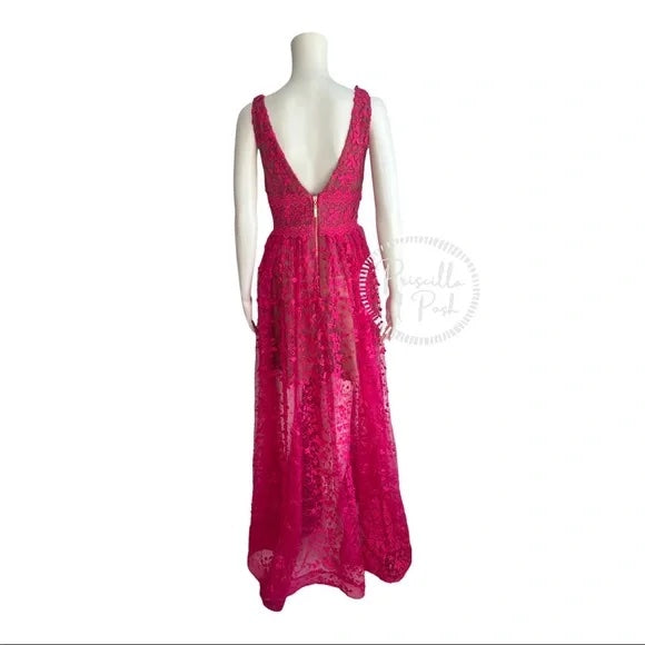 Bronx & Banco Megan Fuchsia Maxi Dress Gown Floral V Neck Flower Appliqué