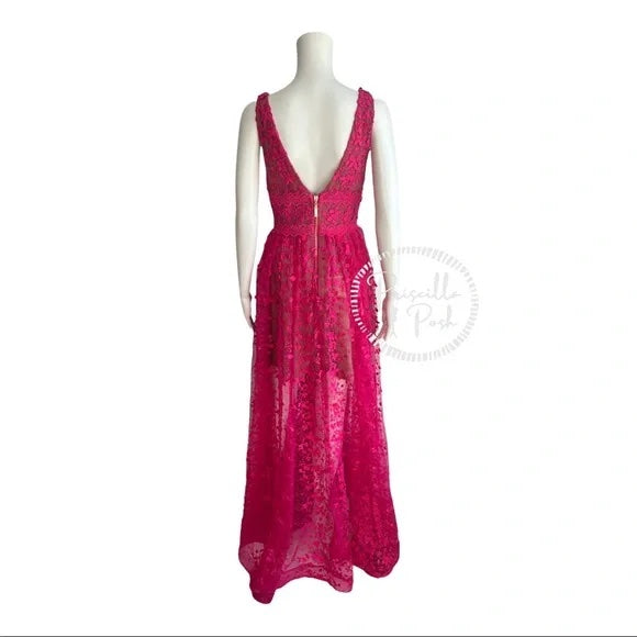 Bronx & Banco Megan Fuchsia Maxi Dress Gown Floral V Neck Flower Appliqué