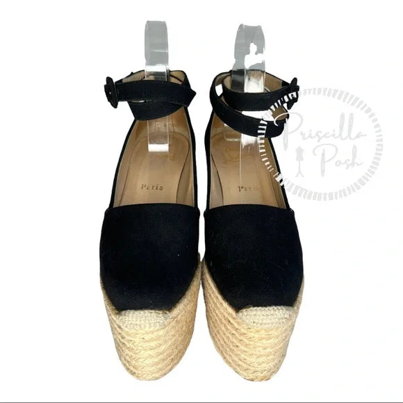 Christian Louboutin Black Canvas Dehia Espadrille Platform Sandals Ankle Strap