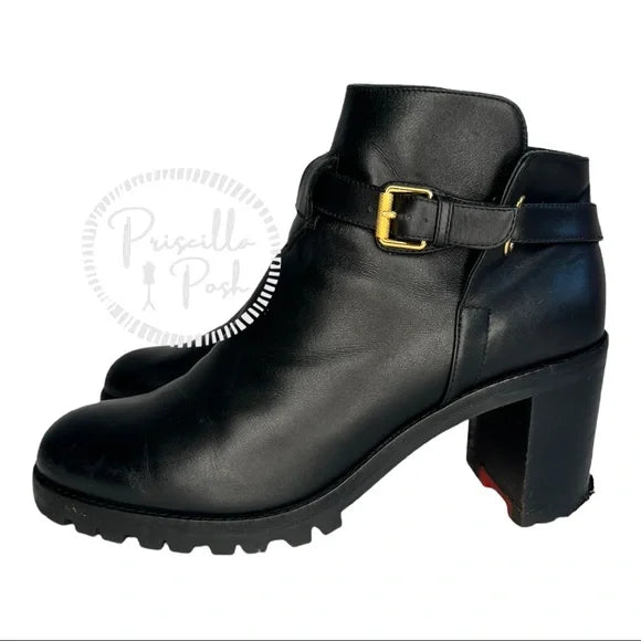 Christian Louboutin Black Leather Combat Ankle Boots Chunky Block Heel Platform 37
