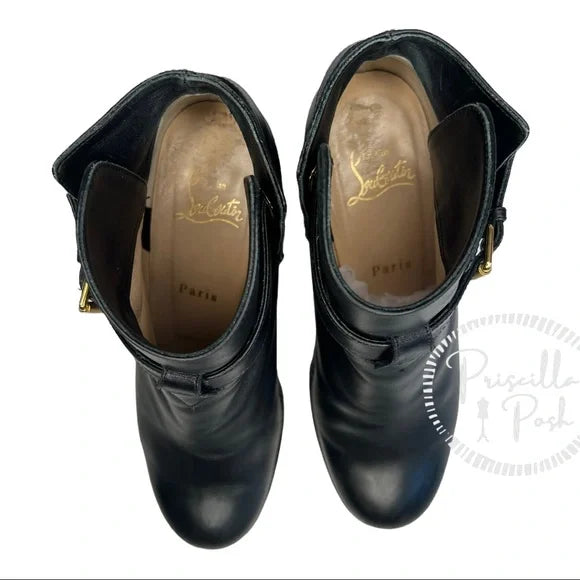 Christian Louboutin Black Leather Combat Ankle Boots Chunky Block Heel Platform 37