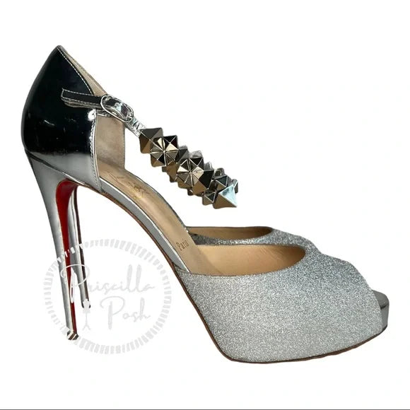 Christian Louboutin Planisfemme Studded Glitter Platform Sandals In Silver 40.5