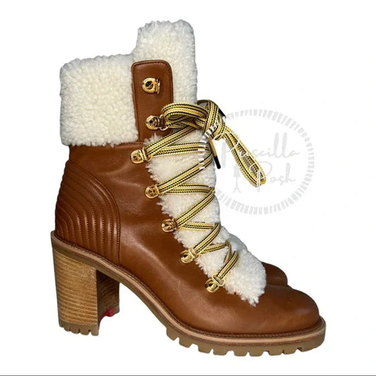 Christian Louboutin Yetita 70 Cuoio Shearling Boot Brown Leather Combat Boots 39.5