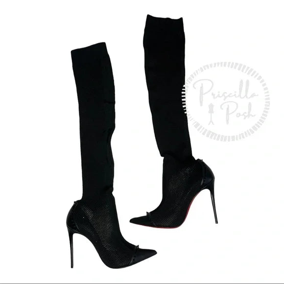 NEW Christian Louboutin Souricette 100 black studded knee high sock boots 37.5