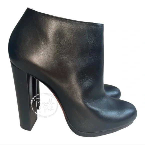 Christian Louboutin Black Leather Bootie Stacked Block Heel Chunky Heel Boots Size 40