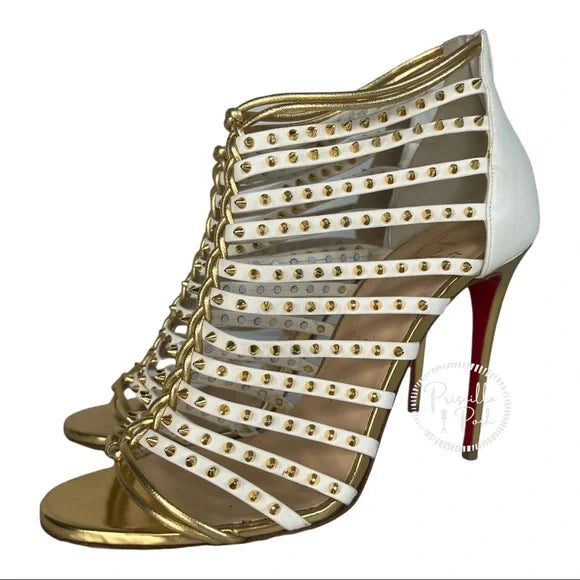 Christian Louboutin Millaclou Studded-Cage Red Sole Sandals White Gold Spike Size 37.5