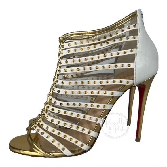 Christian Louboutin Millaclou Studded-Cage Red Sole Sandals White Gold Spike Size 37.5
