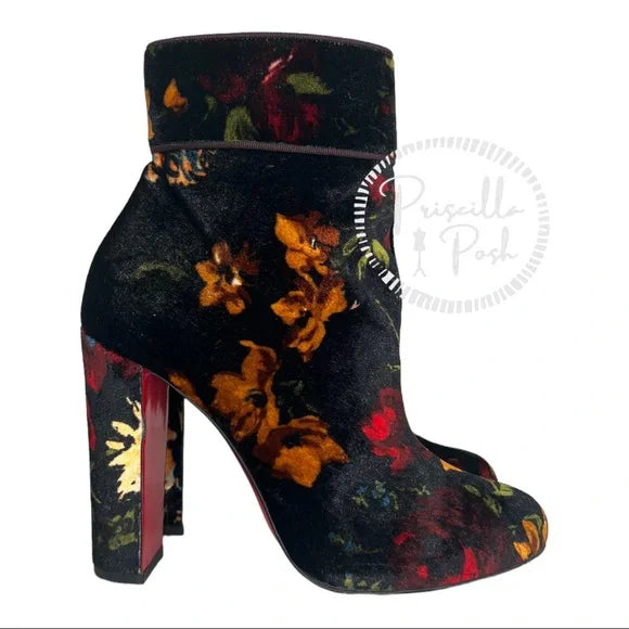 Christian Louboutin Moulamax 85 floral velvet bootie 38 Ankle Boots Black Red