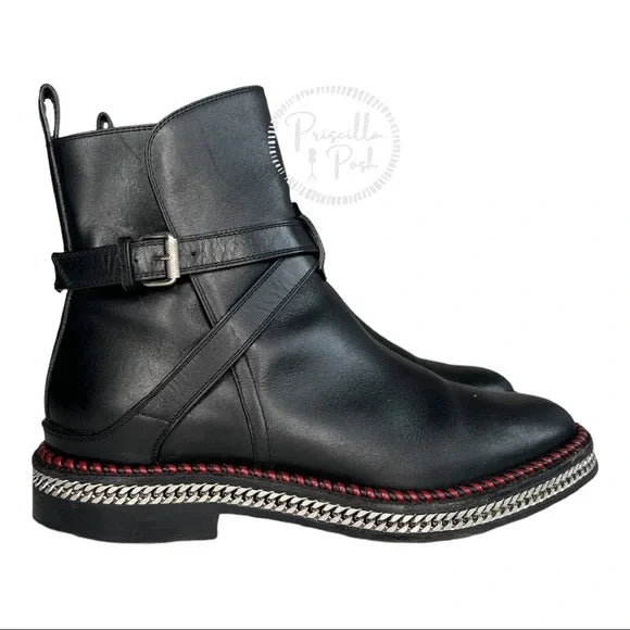Christian Louboutin Chain-Midsole Red Sole Ankle Boot Black Leather Chelsea 37.5
