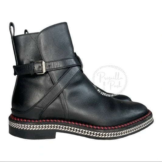 Christian Louboutin Chain-Midsole Red Sole Ankle Boot Black Leather Chelsea 37.5
