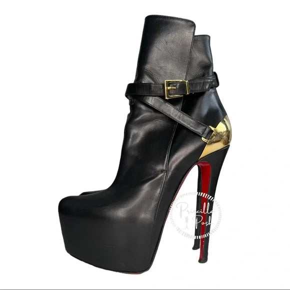 Christian Louboutin Equestria Heel-Plate Red Black Leather Platform Ankle Boots 37
