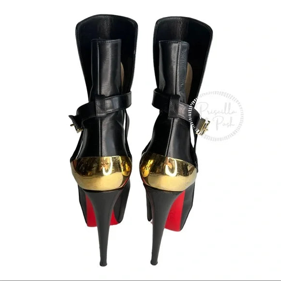 Christian Louboutin Equestria Heel-Plate Red Black Leather Platform Ankle Boots 37