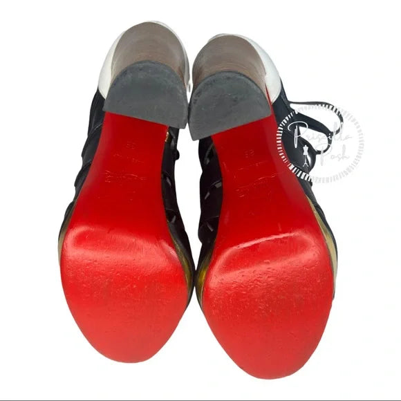 Christian Louboutin Decoupata Strappy Boot Sandal 38 black White Gold Block Heel