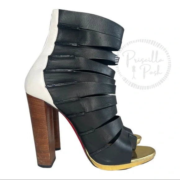 Christian Louboutin Decoupata Strappy Boot Sandal 38 black White Gold Block Heel