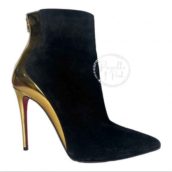 Christian Louboutin Delicotte 100 suede ankle boots Black Gold Pointy Toe 35.5