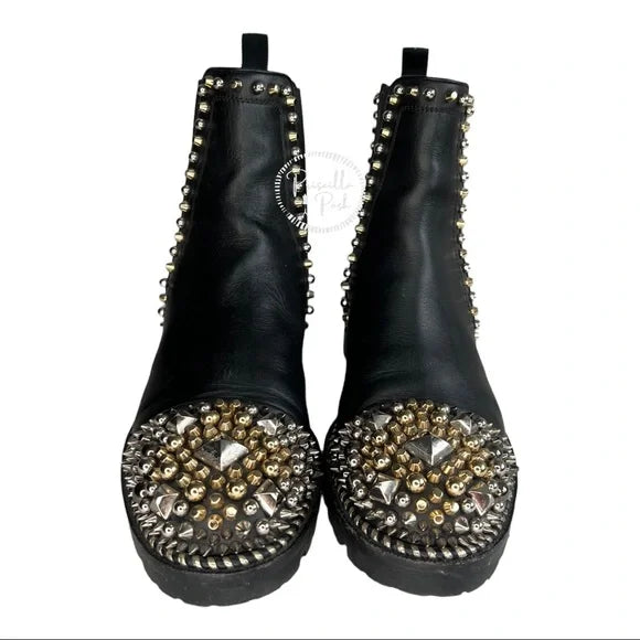 Christian Louboutin Chasse A Clou Studded Cap Toe Chelsea Booties Black Leather 38.5