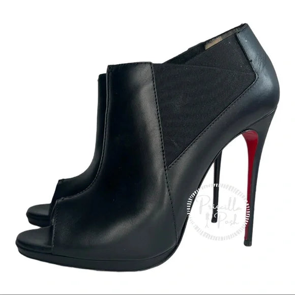 Christian Louboutin Black Leather Bootstagram Red Sole Peep-Toe Bootie Boots 41 lol