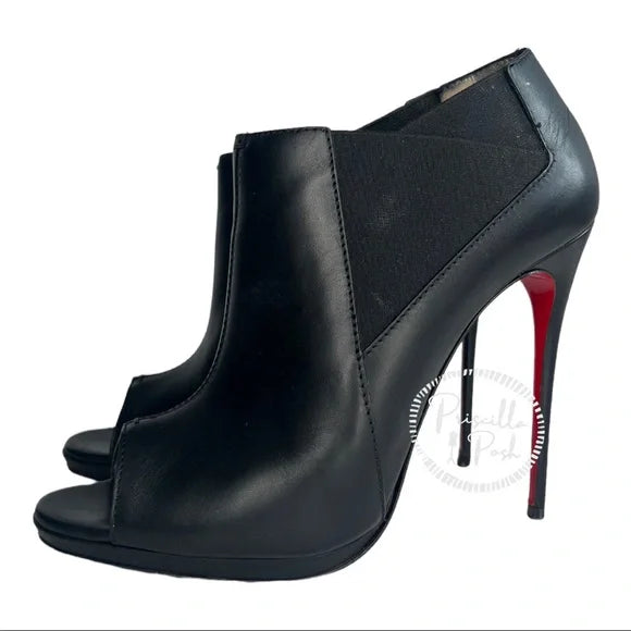Christian Louboutin Black Leather Bootstagram Red Sole Peep-Toe Bootie Boots 41 lol