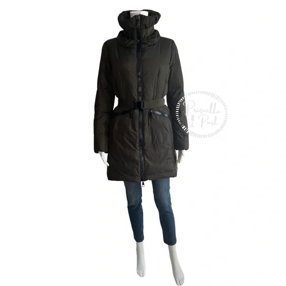 Moncler Full Length Long Down Puffer Jacket Olive Green With Waist Belt and Logo