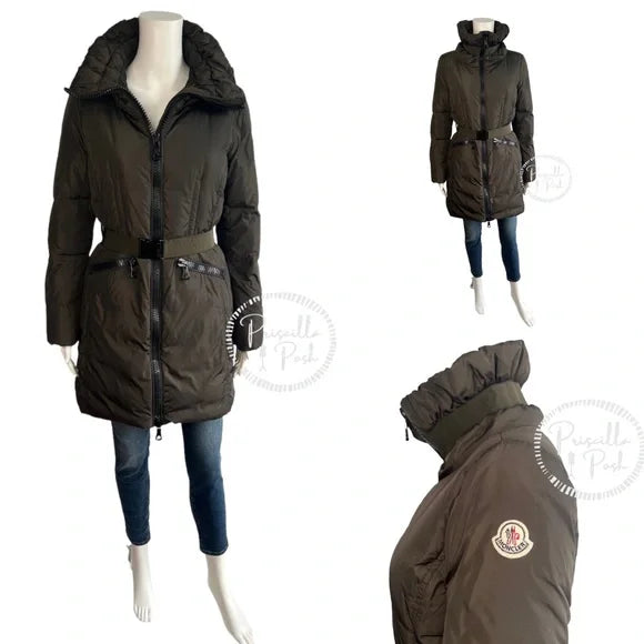 Moncler Full Length Long Down Puffer Jacket Olive Green With Waist Belt and Logo