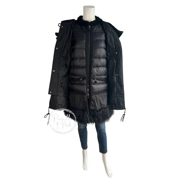 Moncler Black Long Down Parka Puffer with Shearling Trim XS