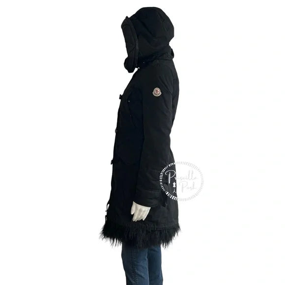 Moncler Black Long Down Parka Puffer with Shearling Trim XS