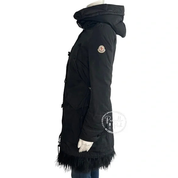 Moncler Black Long Down Parka Puffer with Shearling Trim XS