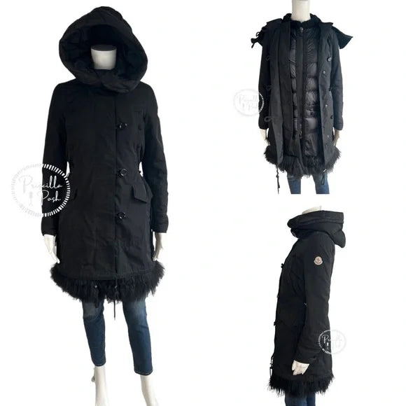 Moncler Black Long Down Parka Puffer with Shearling Trim XS