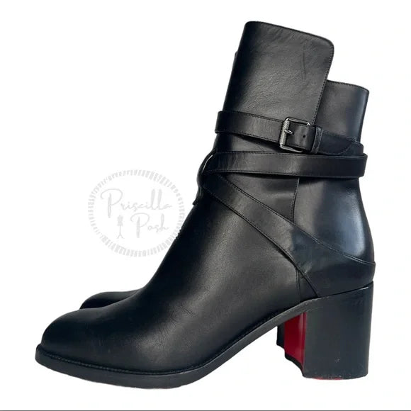 Christian Louboutin Karistrap Bootie Black Leather Ankle Boots 38.5 block heel