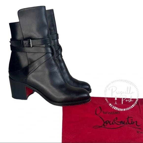 Christian Louboutin Karistrap Bootie Black Leather Ankle Boots 38.5 block heel