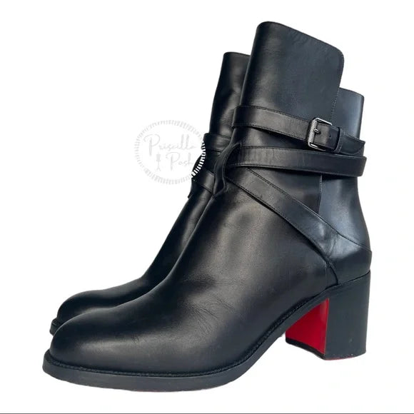 Christian Louboutin Karistrap Bootie Black Leather Ankle Boots 38.5 block heel