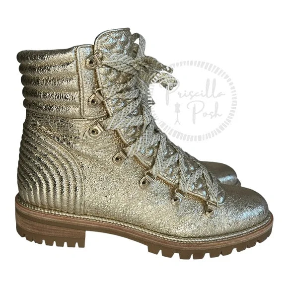 NEW Christian Louboutin Mad Metallic Lace-Up Red Sole Boot Gold Leather Combat Boots