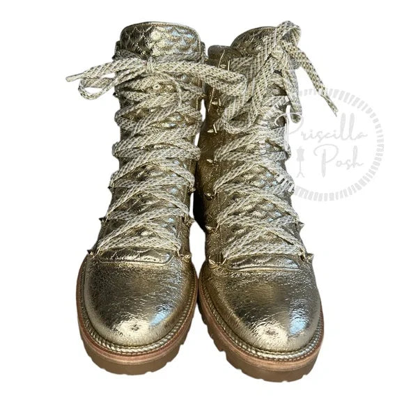 NEW Christian Louboutin Mad Metallic Lace-Up Red Sole Boot Gold Leather Combat Boots