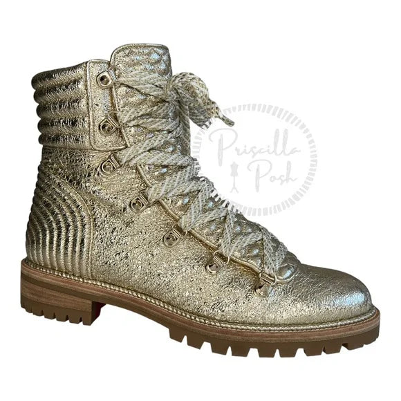 NEW Christian Louboutin Mad Metallic Lace-Up Red Sole Boot Gold Leather Combat Boots