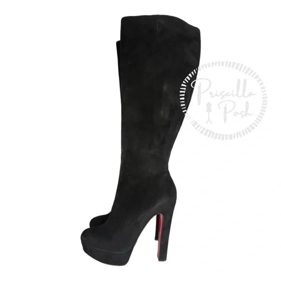 Christian Louboutin Black Suede Royal Bibi Botta 140 Boots Platform Knee High 39.5