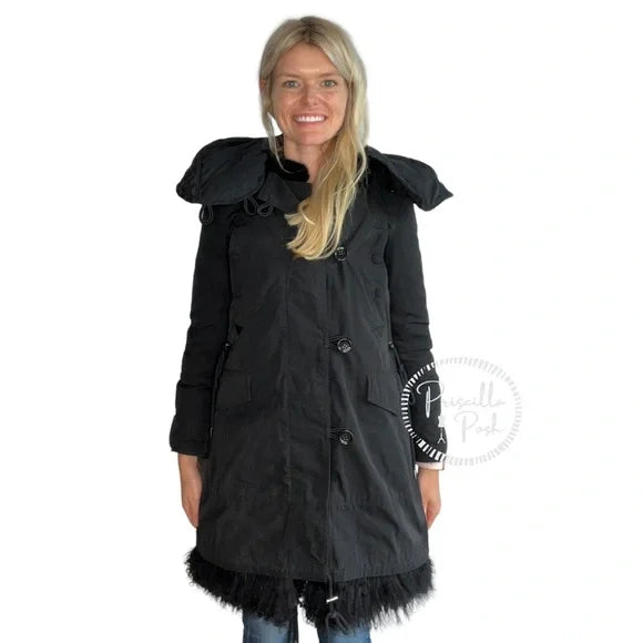 Moncler Black Long Down Parka Puffer with Shearling Trim XS