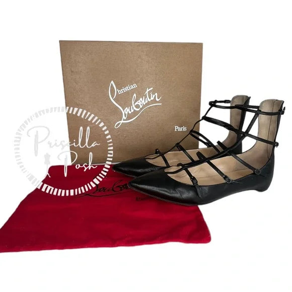 Christian Louboutin Black Leather Gladiator Strappy Ballerina Pointed Flats 41