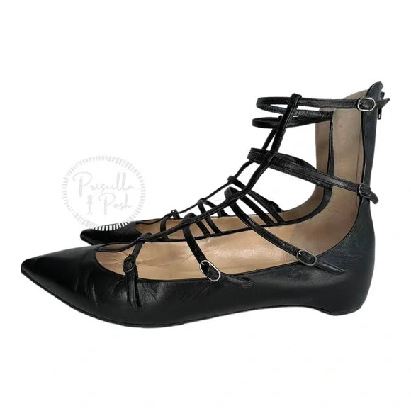 Christian Louboutin Black Leather Gladiator Strappy Ballerina Pointed Flats 41