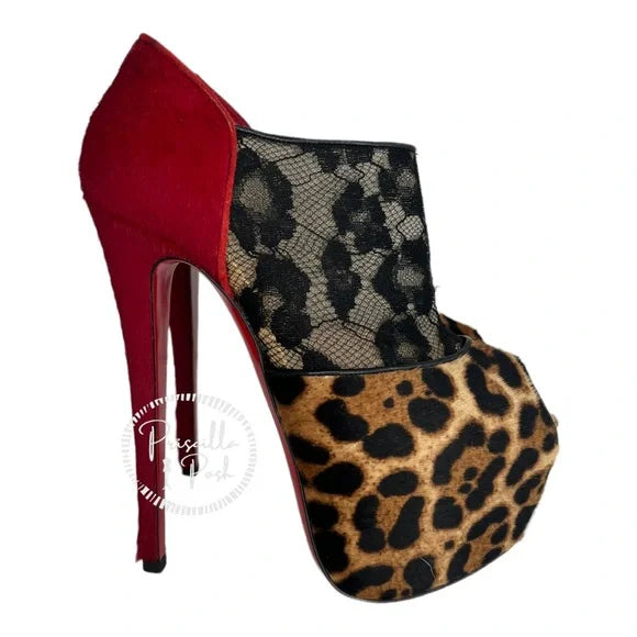 Christian Louboutin Black Leopard Red Pony Hair And Lace Aeronotoc 160 Booties 37.5