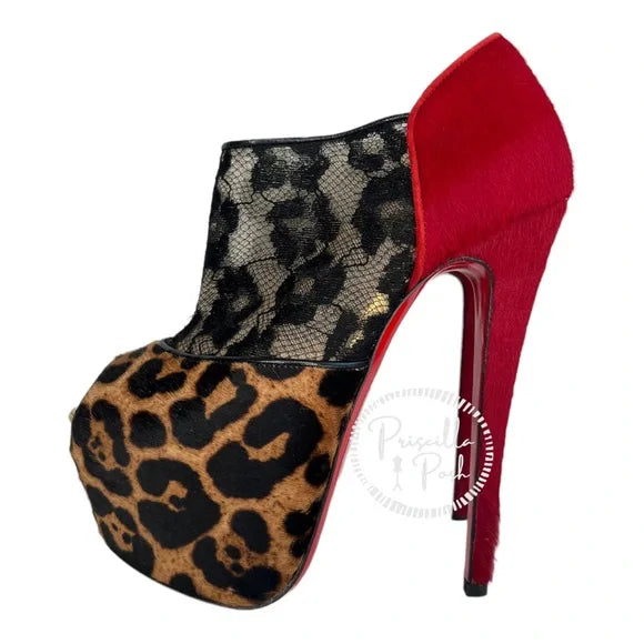 Christian Louboutin Black Leopard Red Pony Hair And Lace Aeronotoc 160 Booties 37.5