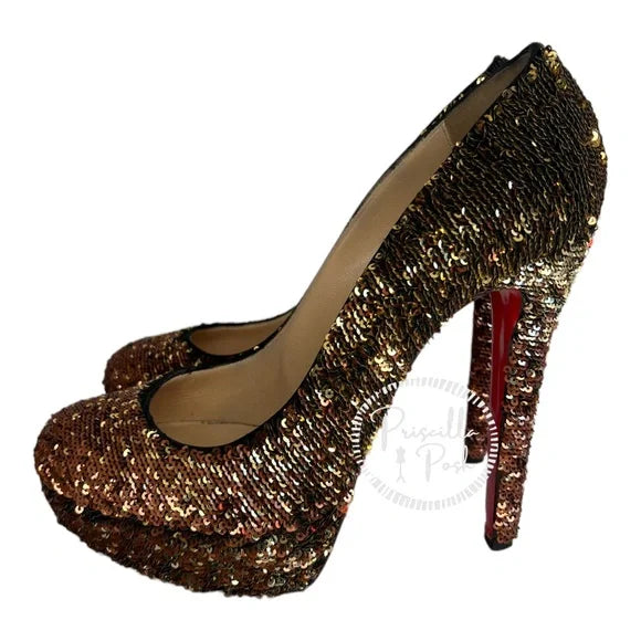 Christian Louboutin Bianca 140 gold sequin platform almond toe pumps heels 39