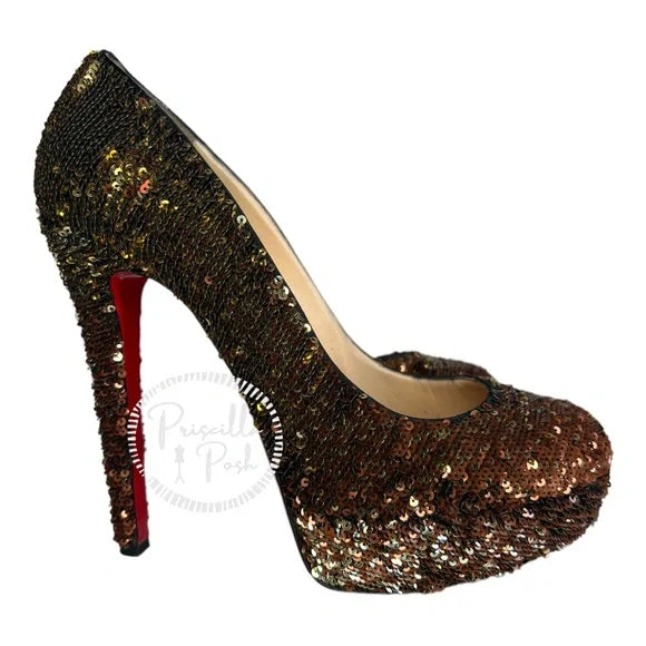 Christian Louboutin Bianca 140 gold sequin platform almond toe pumps heels 39