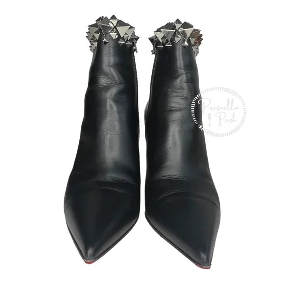 Christian Louboutin Black Leather silver studded spiked leather ankle boots 36