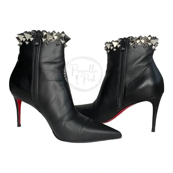 Christian Louboutin Black Leather silver studded spiked leather ankle boots 36