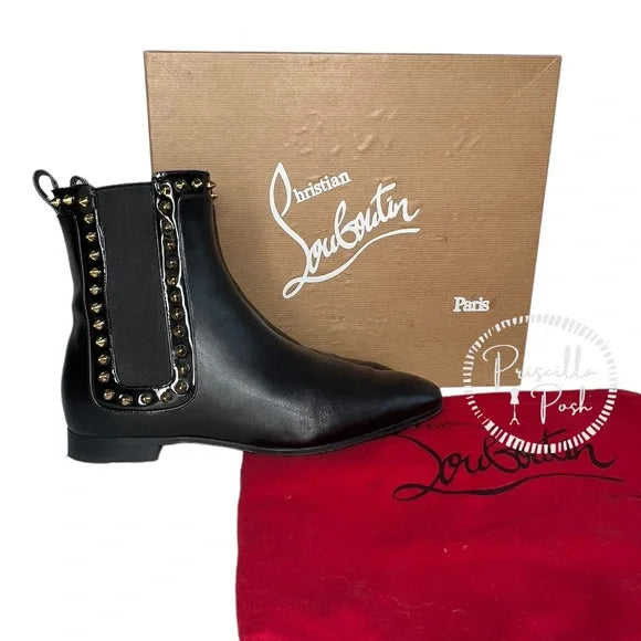 Christian Louboutin Black Leather Studded Red Sole Chelsea Boots Ankle Booties 36