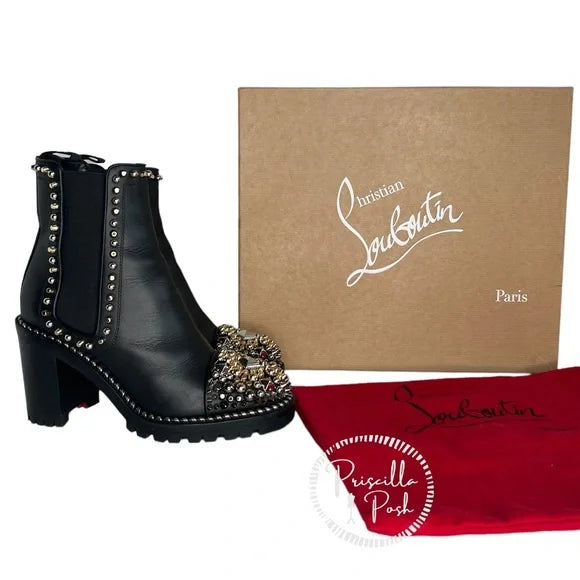 Christian Louboutin Black Chasse A Clou 70 Silver Gold Studded Stud Ankle Boots 35